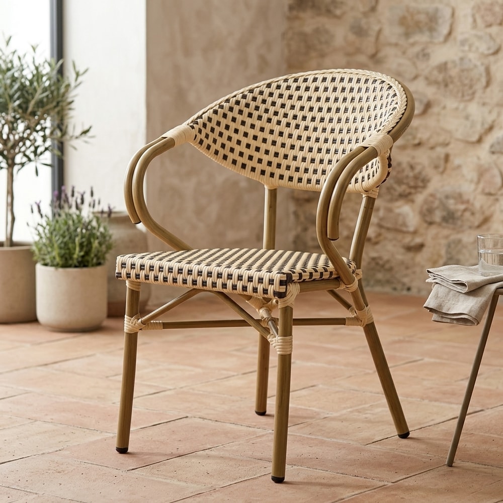 Sillón exterior apilable ratán beige y marrón