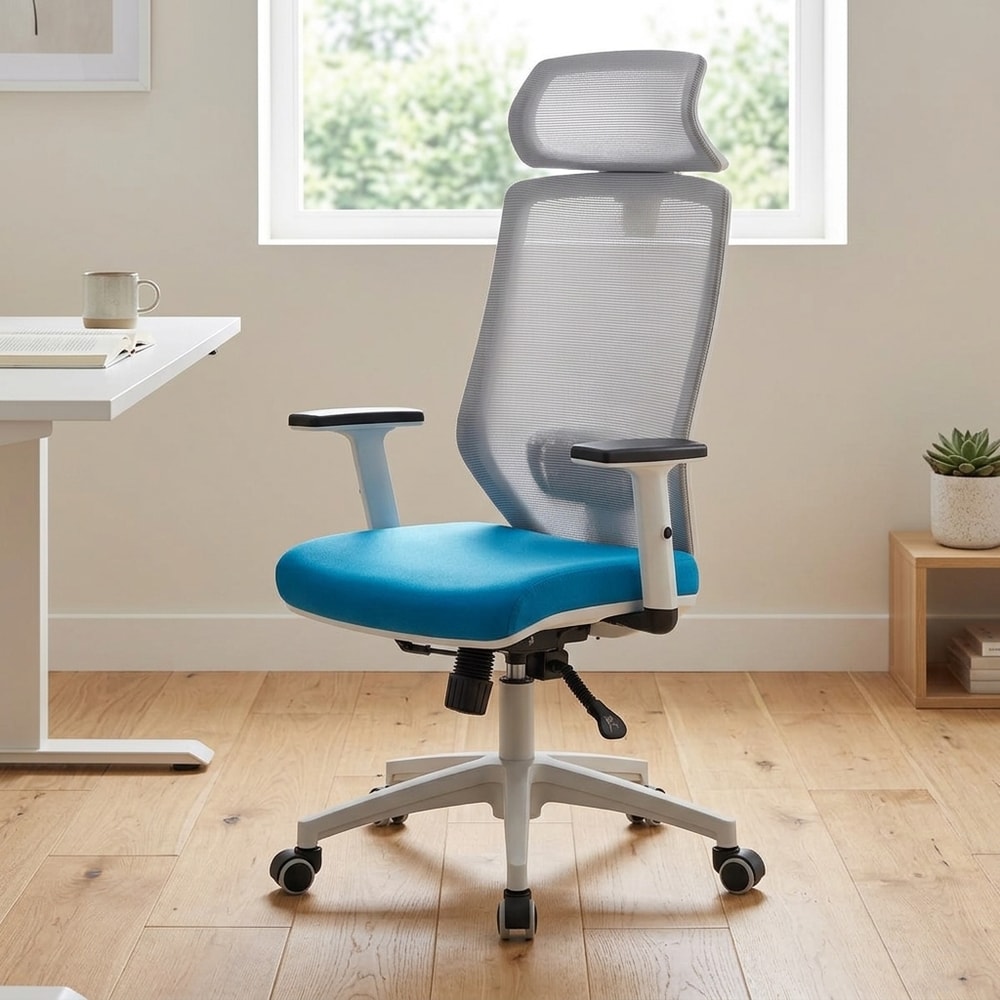 Silla de oficina ergonómica azul con cabezal
