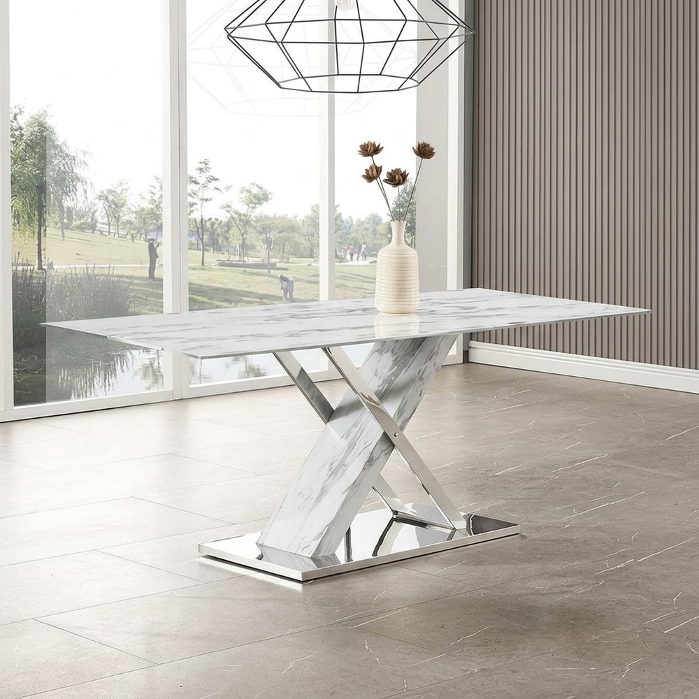 Mesa comedor cristal efecto mármol y acero