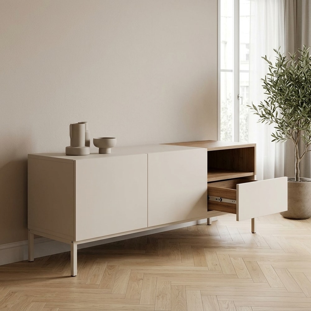 Mueble de TV moderno crema y madera
