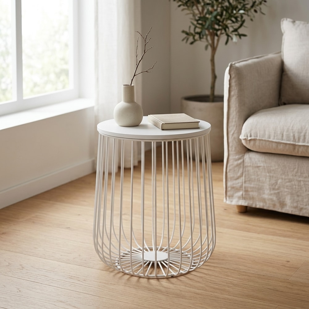 Mesa auxiliar redonda de metal y madera blanca