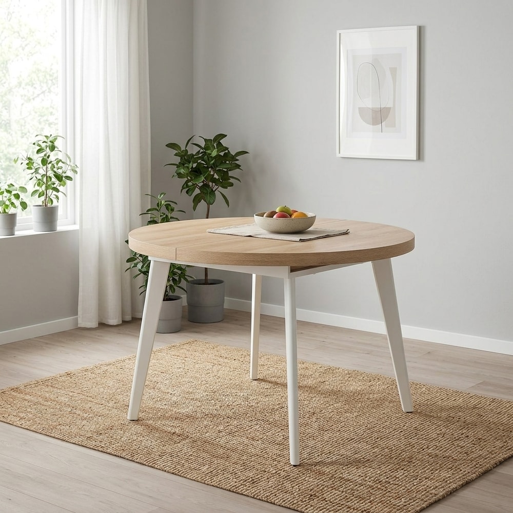 Mesa comedor extensible redonda madera y blanco