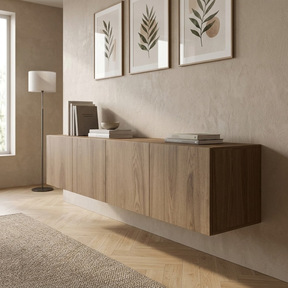 Mueble de TV flotante 4 puertas acabado roble