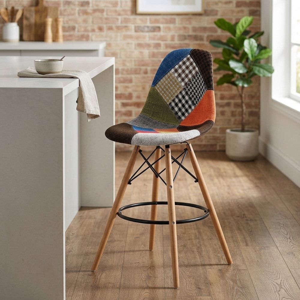 Taburete Alto Tapizado Patchwork con Patas Madera