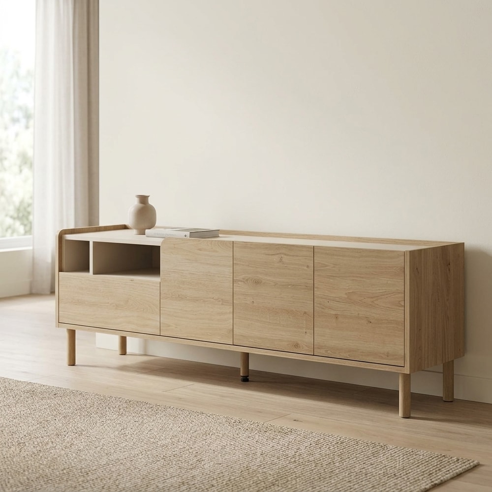Mueble TV nórdico roble con puertas y estantes