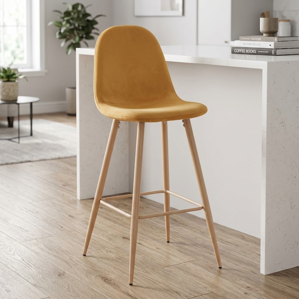 Taburete alto de terciopelo amarillo mostaza