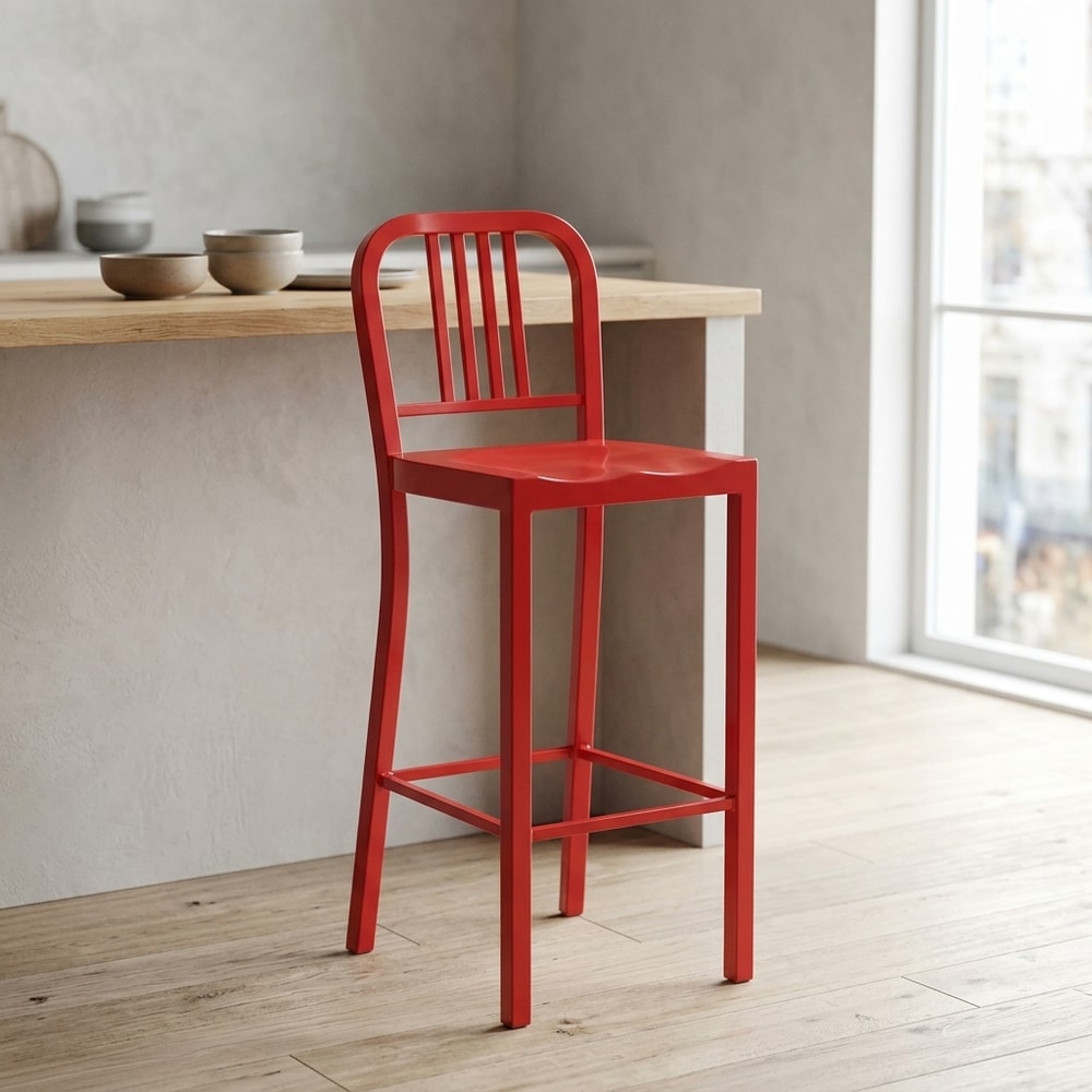 Taburete alto de acero rojo con respaldo