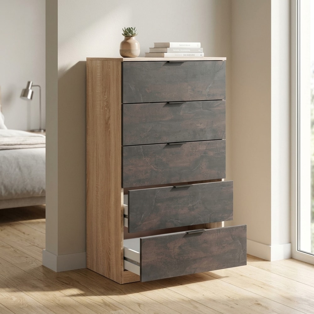 Cómoda 5 cajones estilo industrial madera y óxido