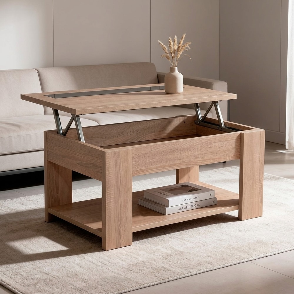 Mesa de centro elevable roble con cristal negro