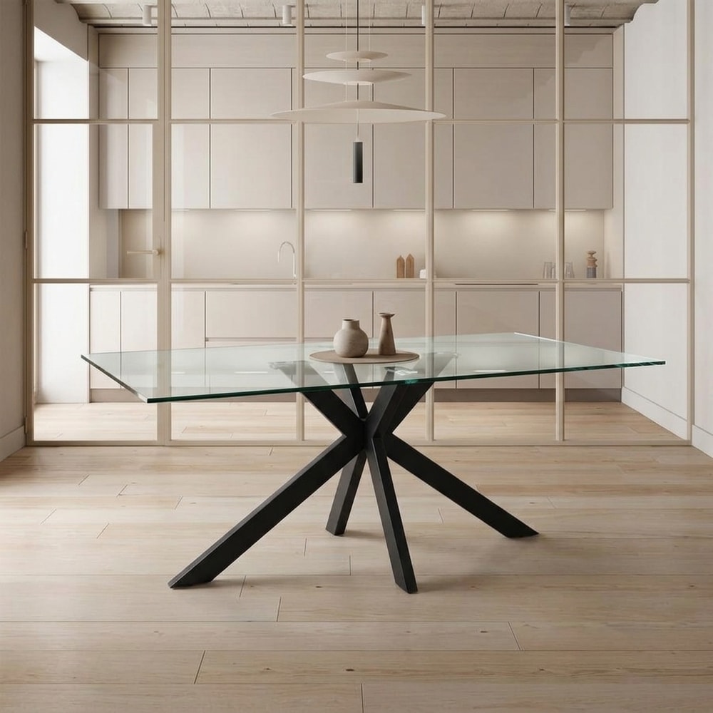 Mesa de comedor rectangular cristal y patas negras