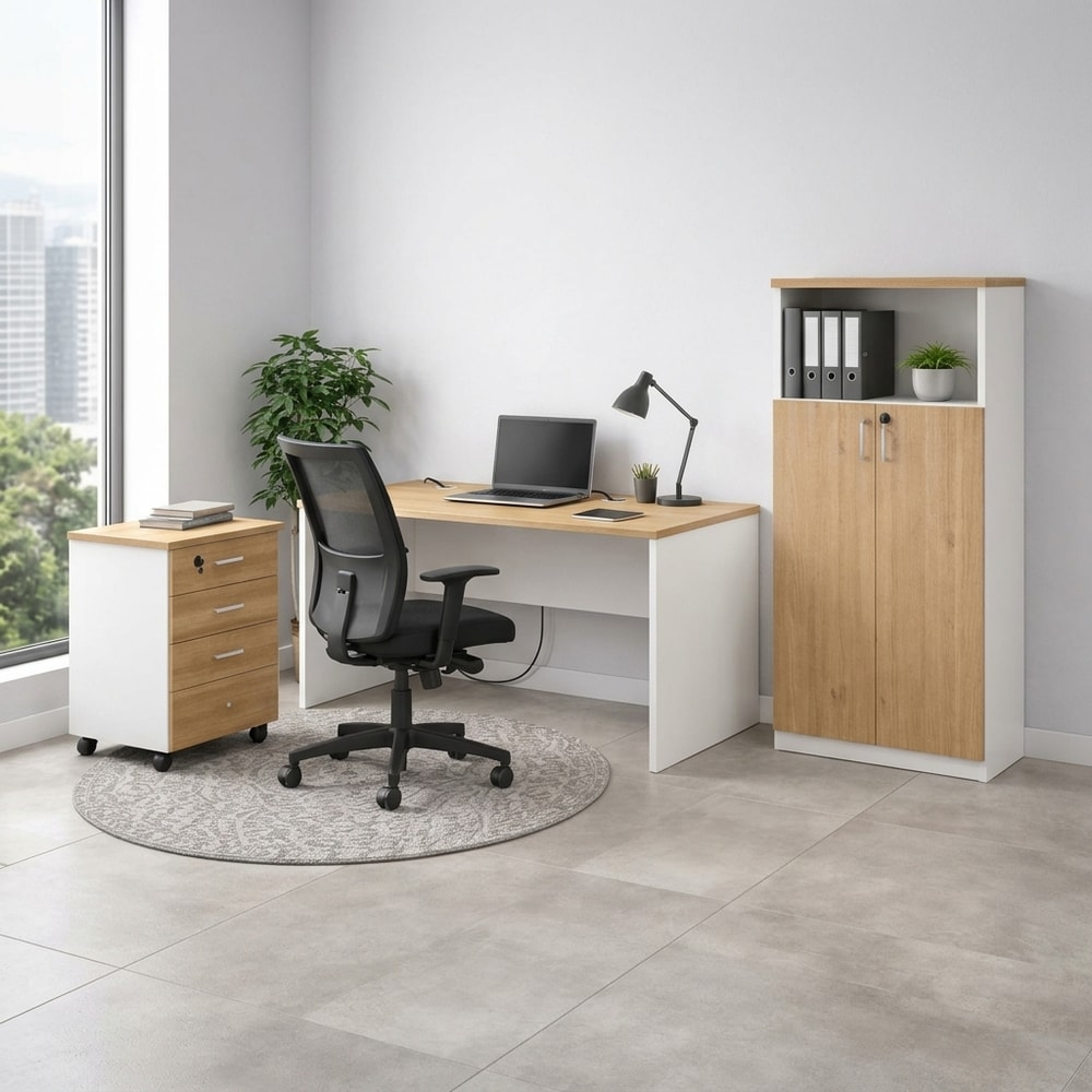 Mesa de escritorio moderna en blanco y roble