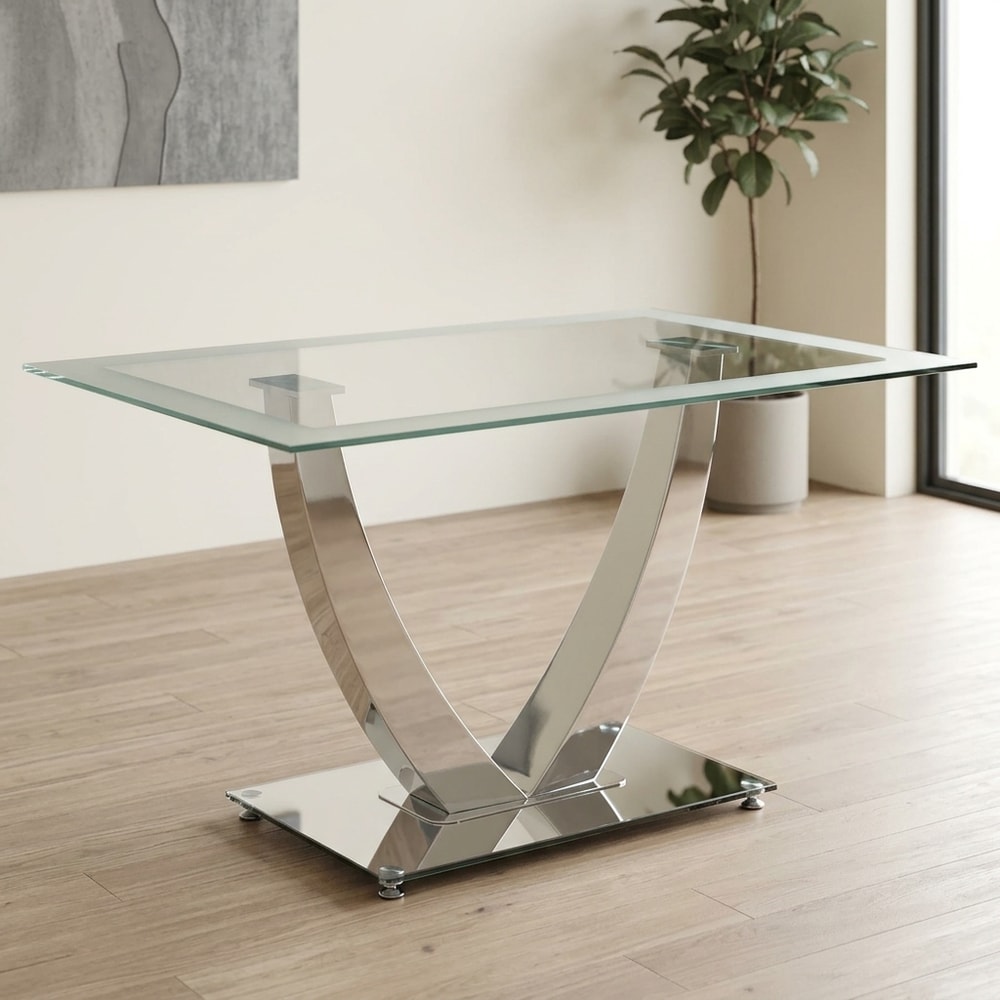 Mesa de comedor cristal templado y acero blanco
