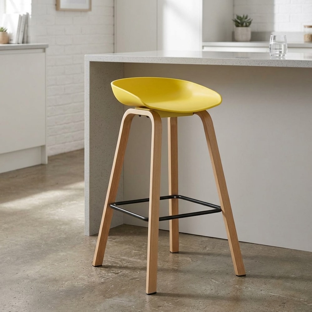 Taburete alto amarillo con patas efecto madera