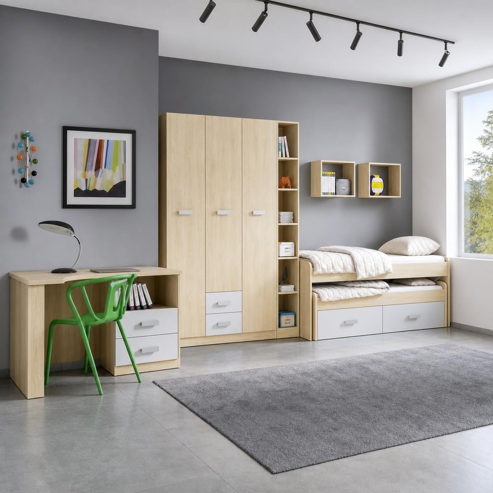 Dormitorio juvenil con cama nido y armario