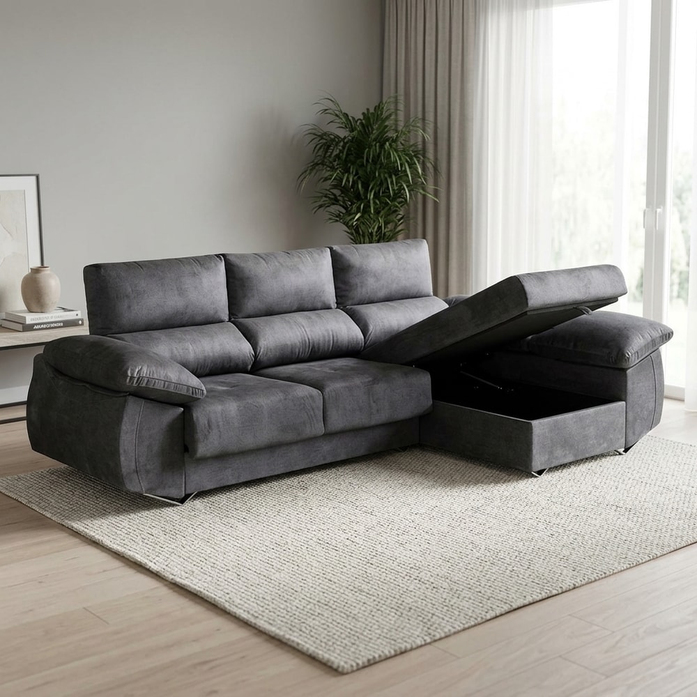 Sofá chaise longue 3 plazas con arcón antracita