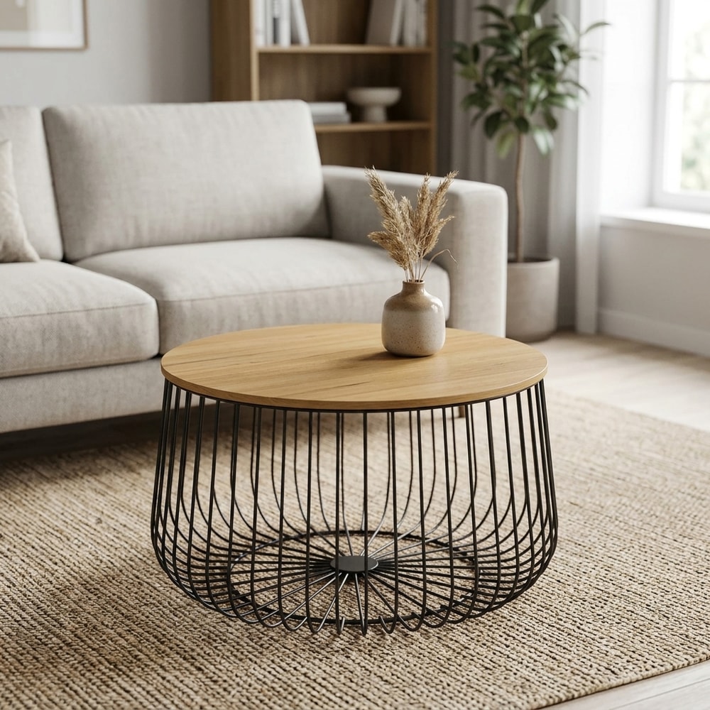 Mesa de centro redonda metal negra y madera