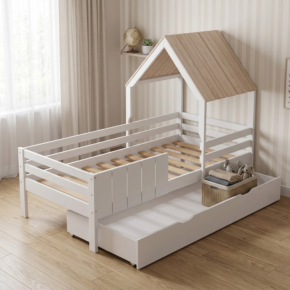 Cama Cabaña Infantil de Madera Blanca y Natural