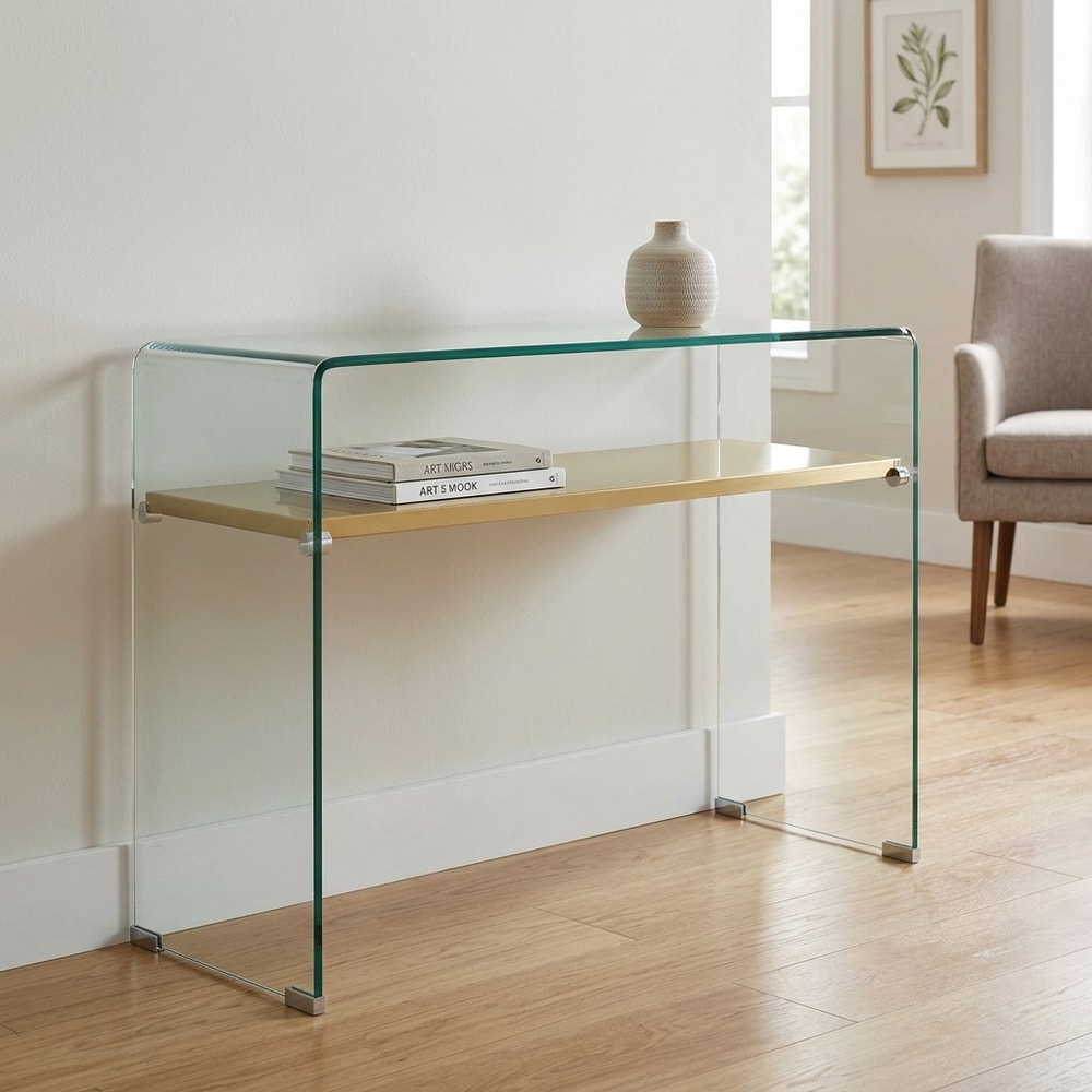 Consola de cristal curvado con estante dorado