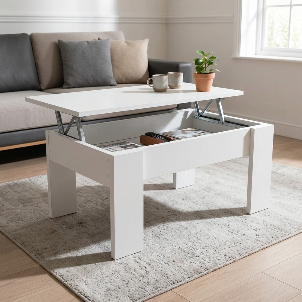 Mesa de centro elevable con almacenaje blanca