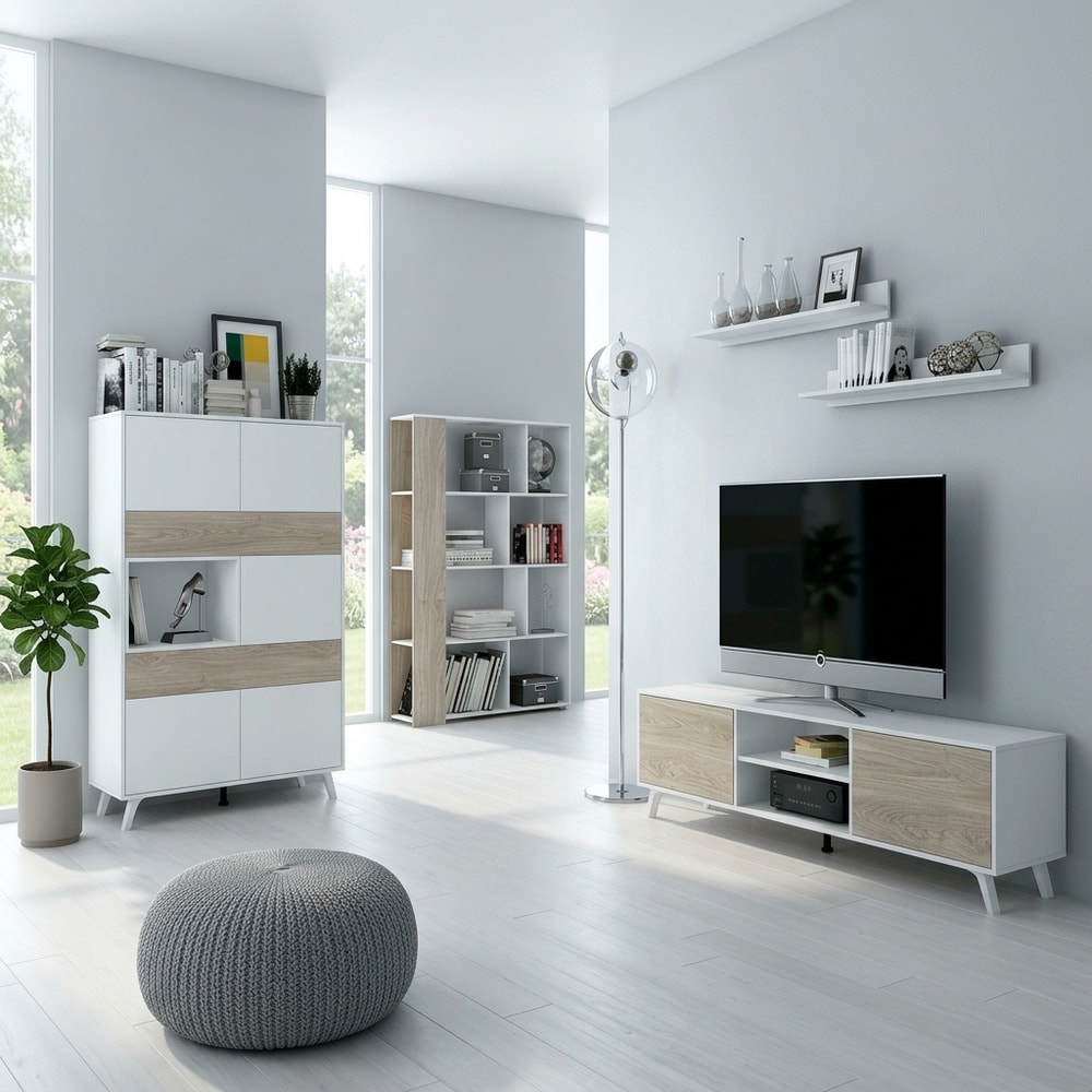 Mueble de salón completo moderno blanco y roble