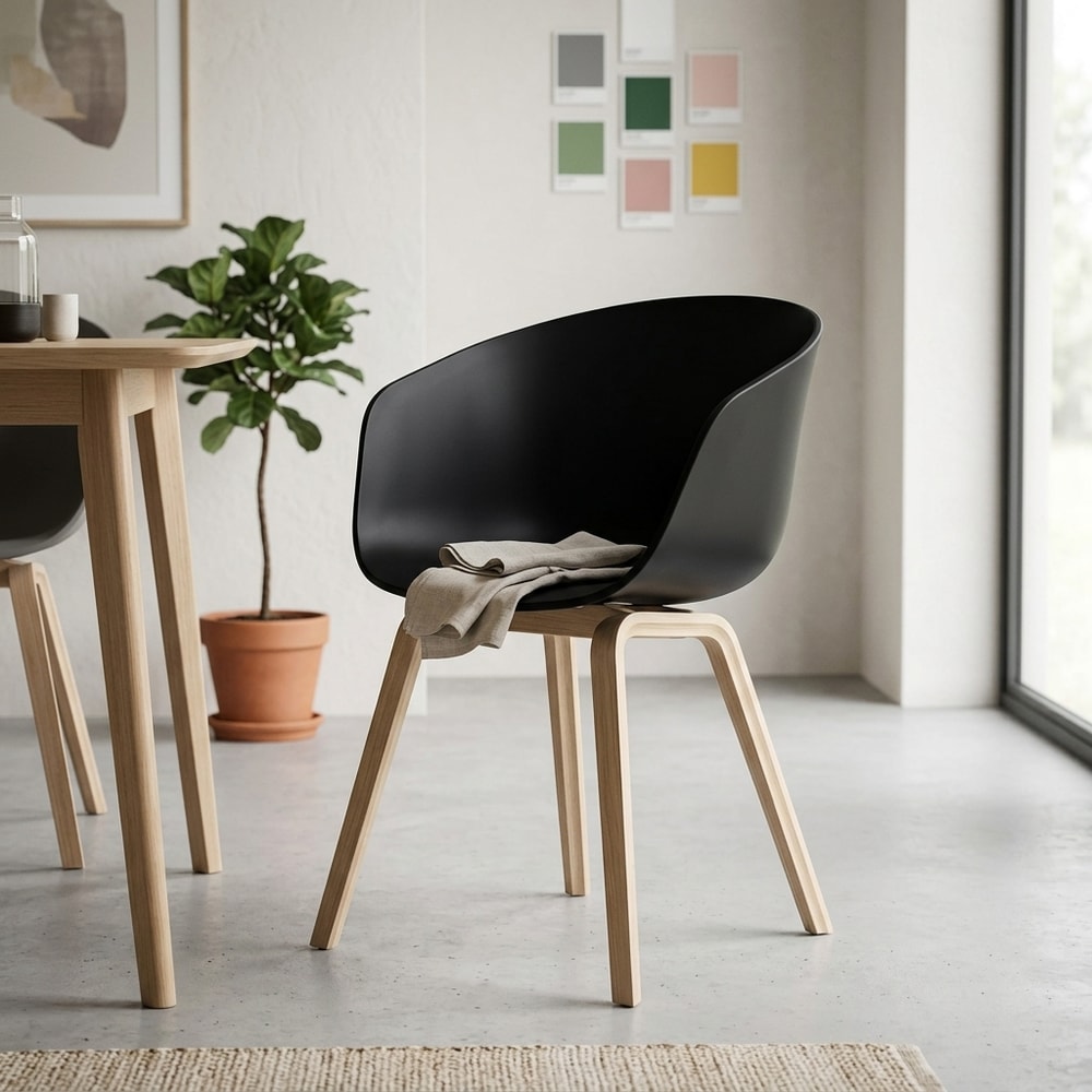 Sillón de comedor moderno negro con patas madera