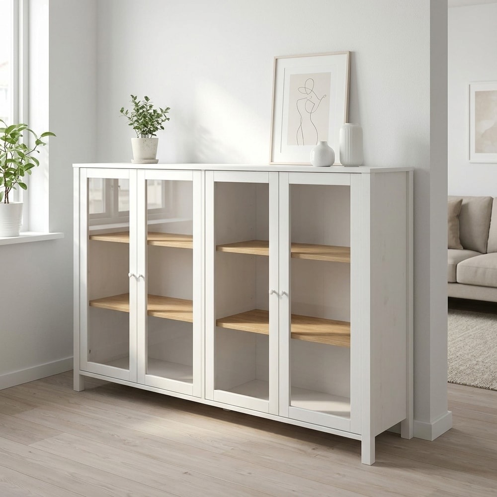 Aparador Madera 4 Puertas Cristal Blanco