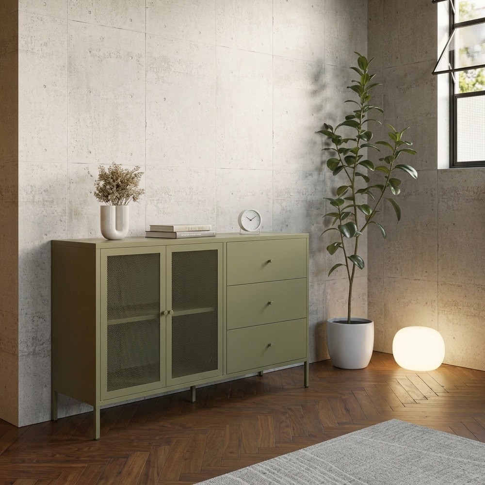 Aparador verde moderno con puertas y cajones