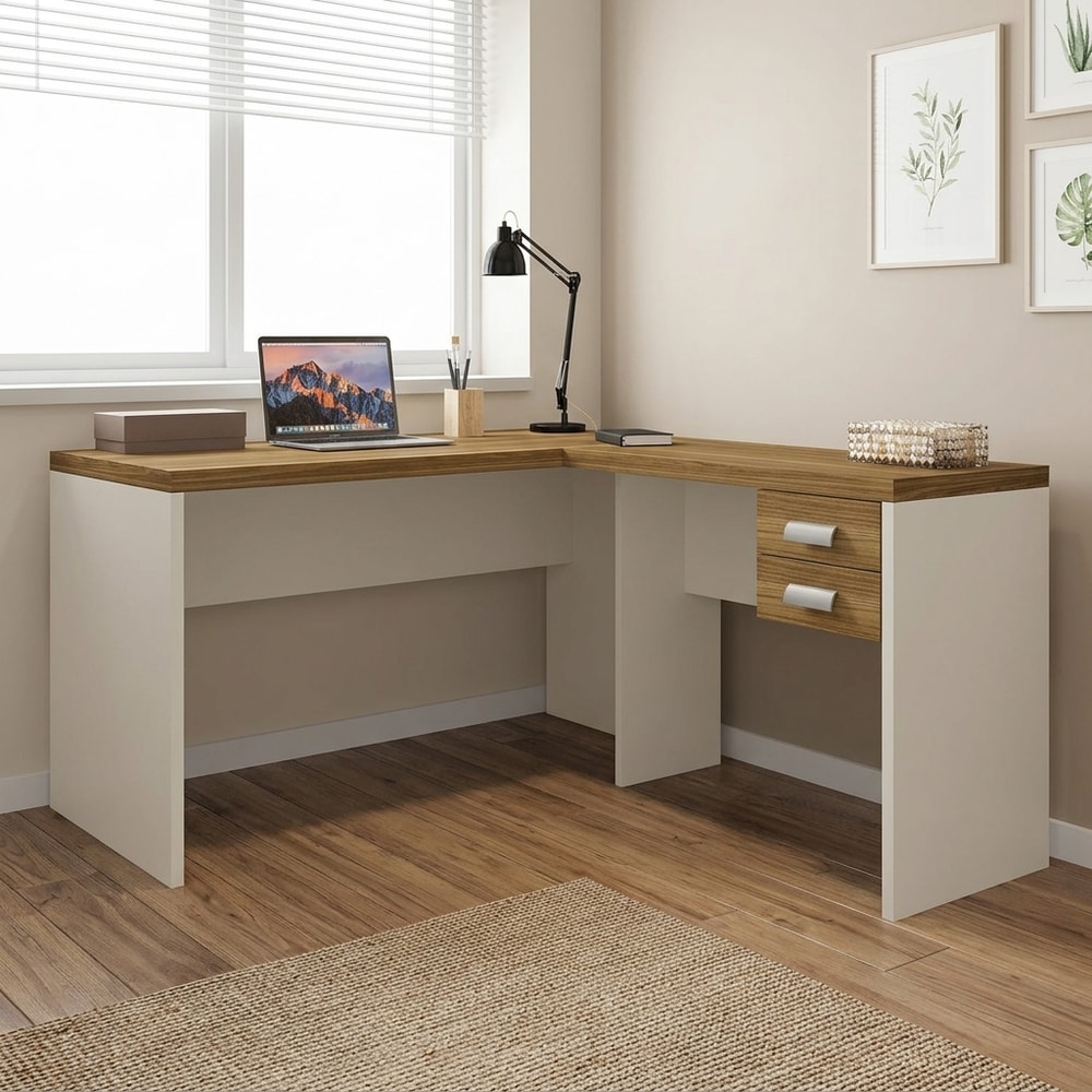 Mesa de oficina en L con 2 cajones miel y cacao