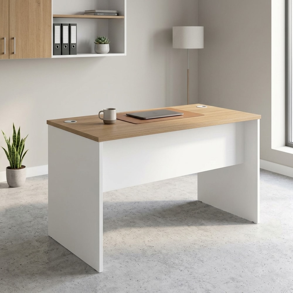 Mesa de oficina moderna en blanco y roble