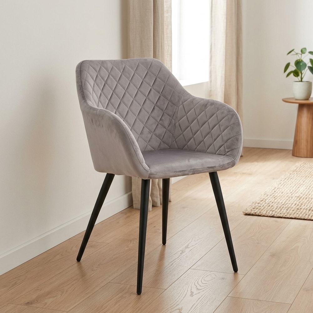 Sillón de diseño en terciopelo gris y metal negro