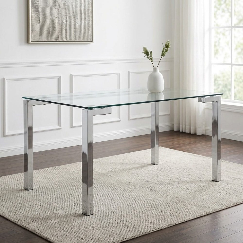 Mesa de comedor de cristal con patas cromadas