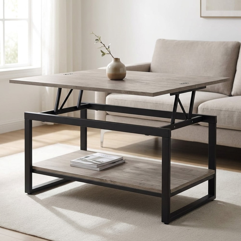 Mesa de centro elevable y extensible roble y negro