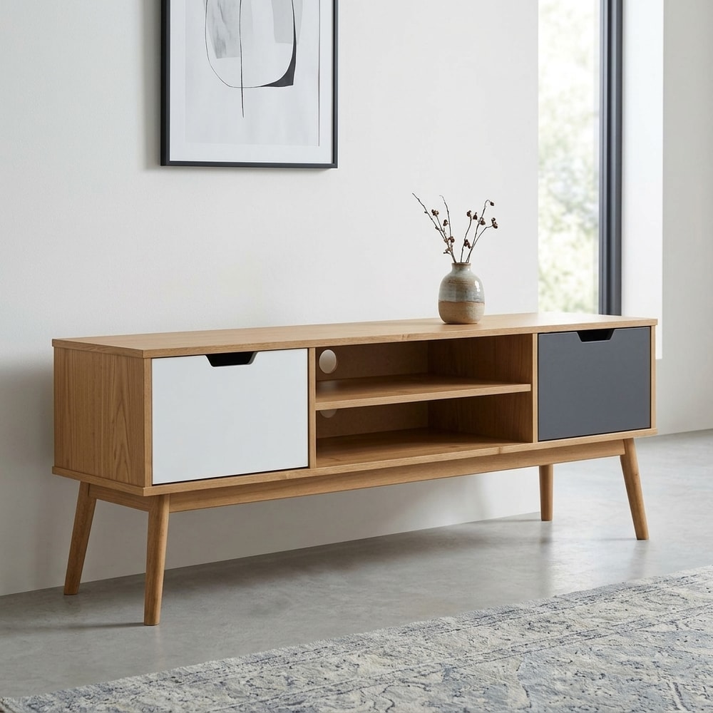 Mueble TV Escandinavo con Puertas Blanco y Gris