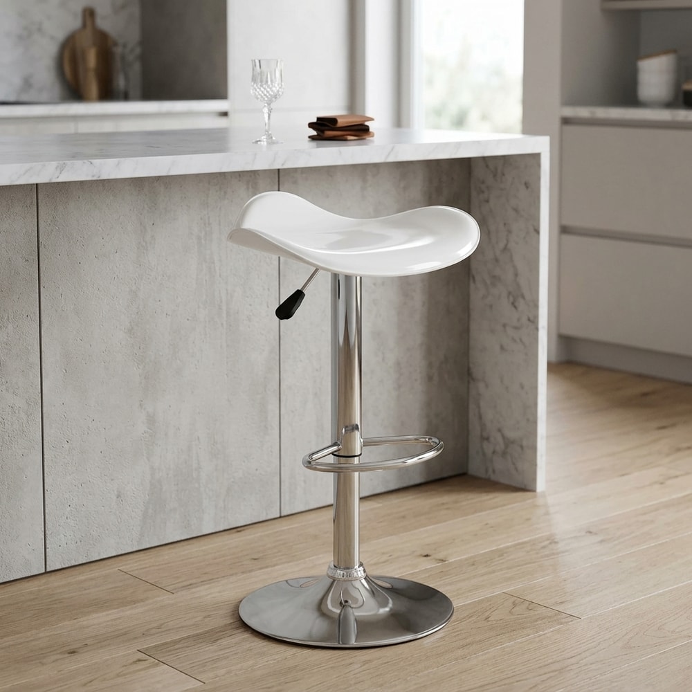 Taburete regulable blanco con base cromada
