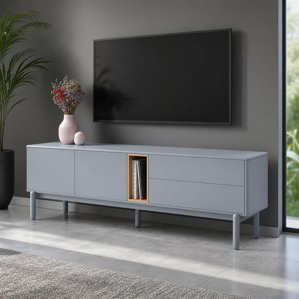 Mueble TV gris con 2 puertas y 2 cajones