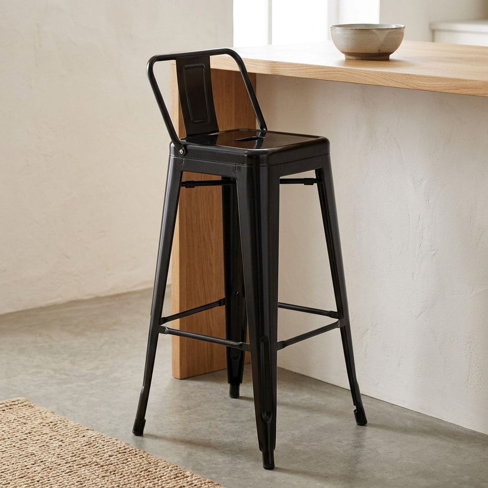 Taburete Alto de Acero con Respaldo Negro