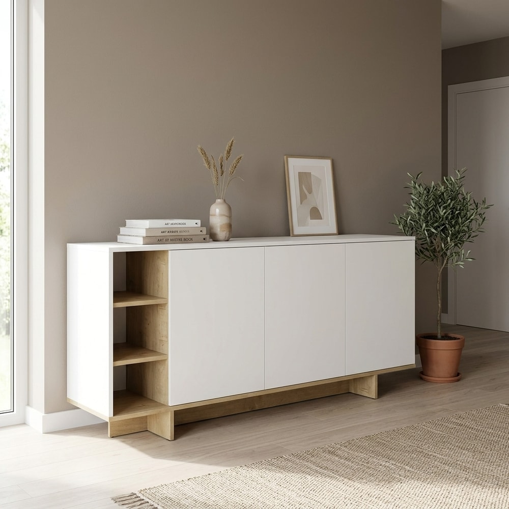 Aparador moderno blanco y roble con 3 puertas