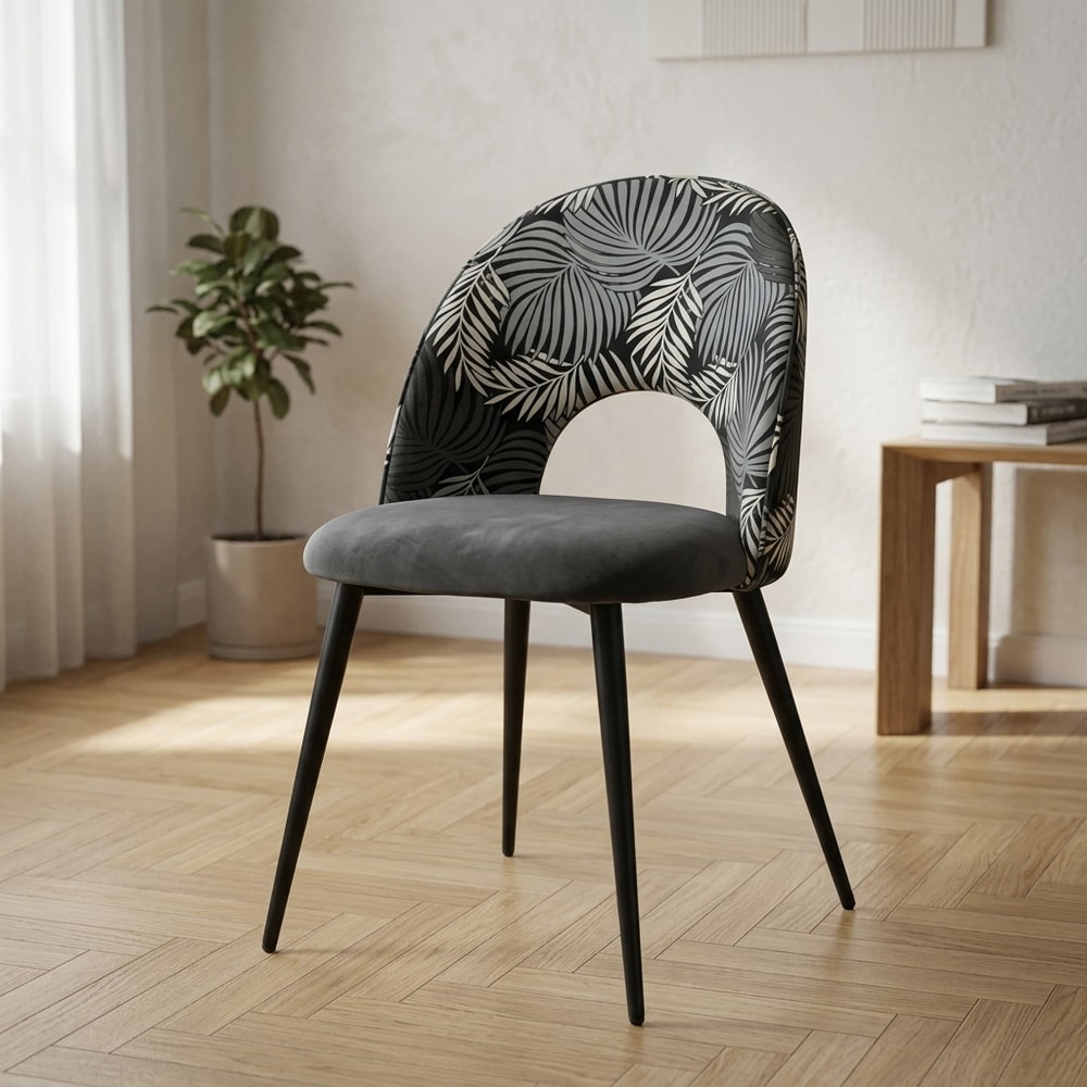 Silla tapizada terciopelo gris y estampado floral
