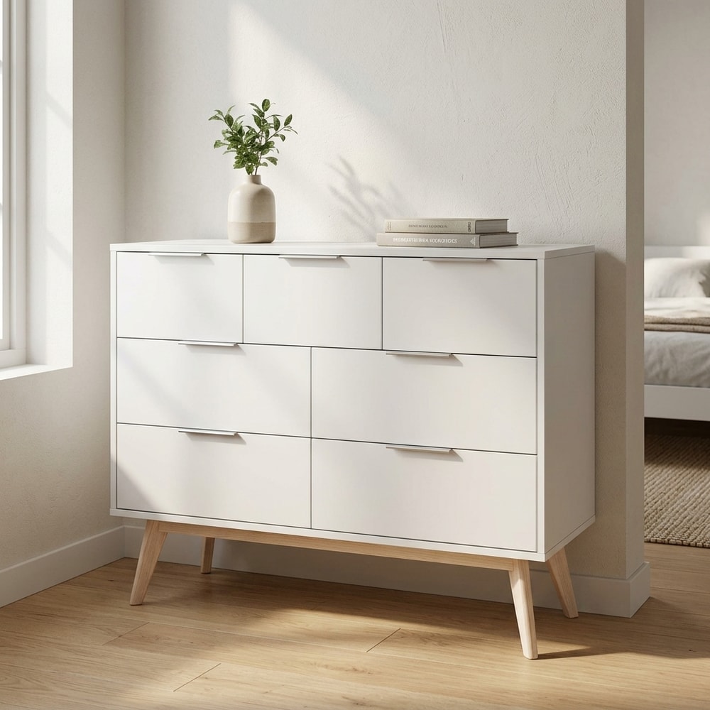 Cómoda nórdica 7 cajones blanca y madera