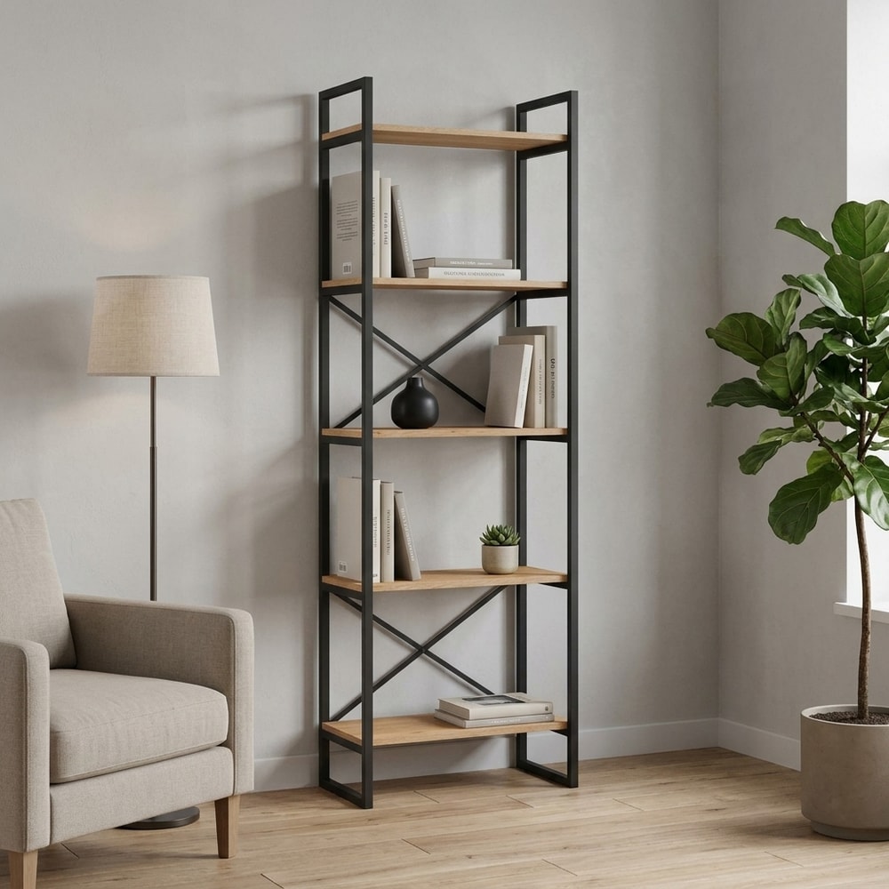 Estantería industrial de metal negro y madera