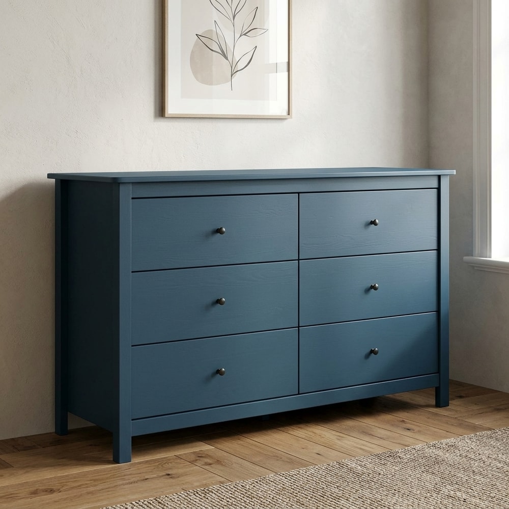 Cómoda de 6 Cajones en Madera de Pino Azul