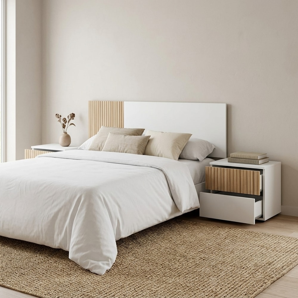 Conjunto Cabecero y 2 Mesitas Blanco y Roble