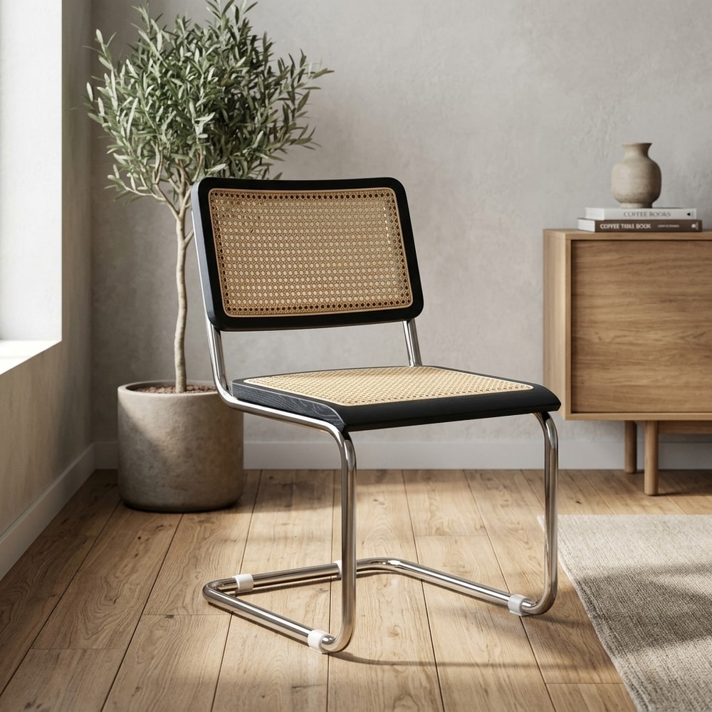 Silla de comedor negra y ratán