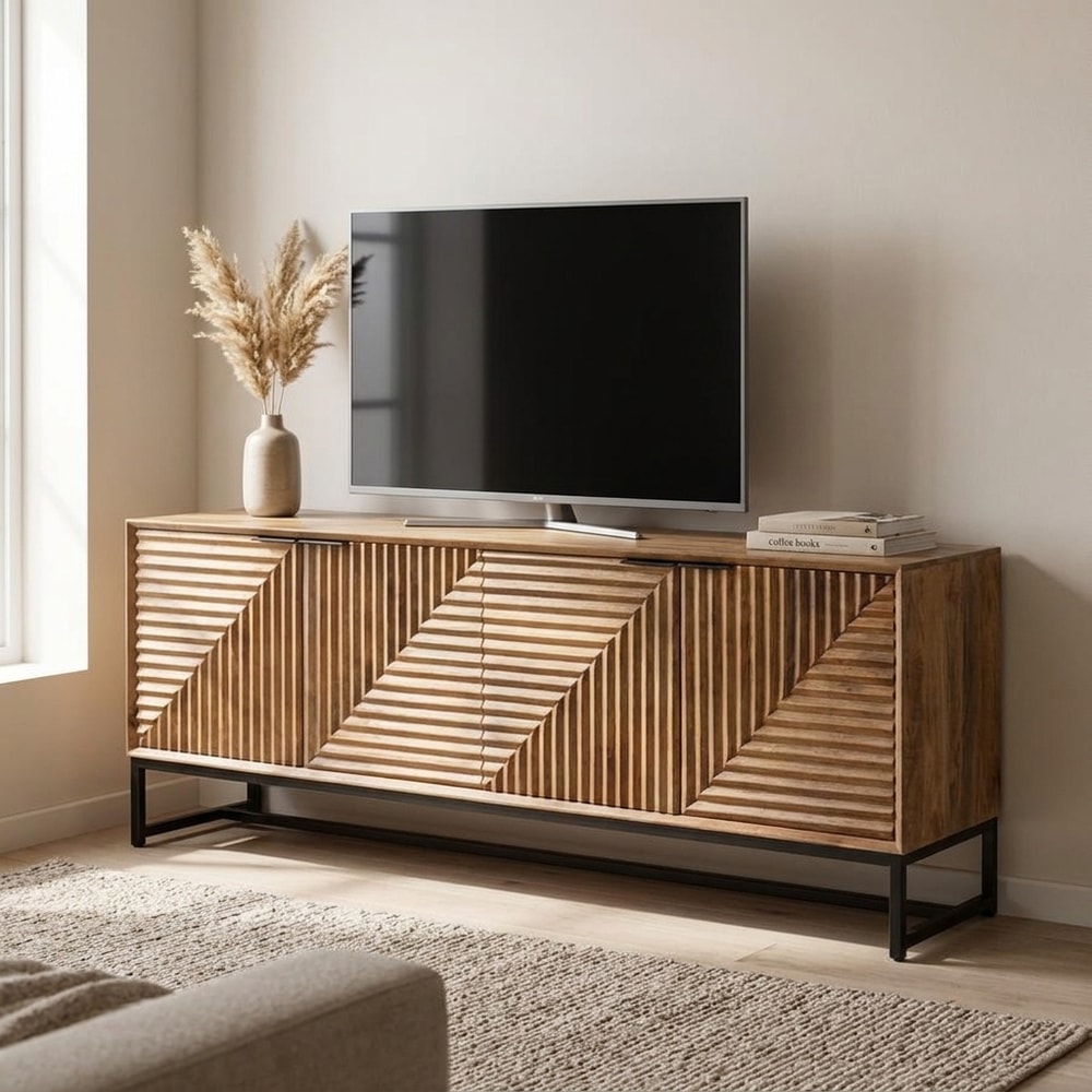 Mueble de TV de madera tallada con 4 puertas