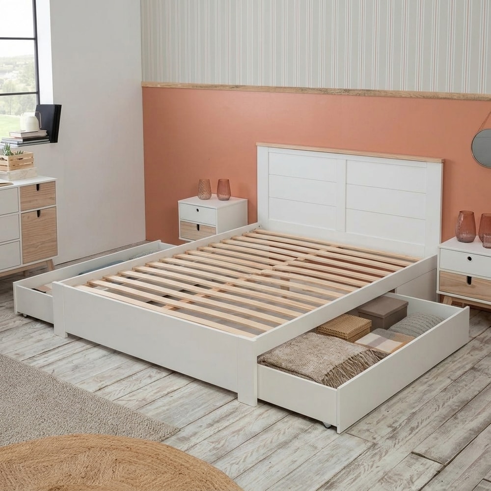 Cama blanca con cabecero y cajón de almacenaje