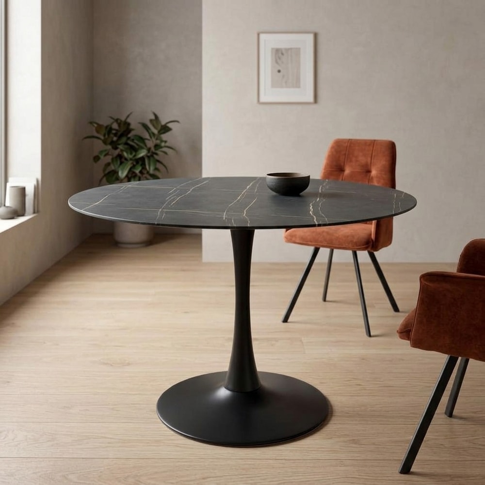 Mesa de comedor redonda negra efecto mármol