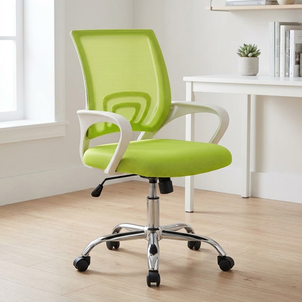 Silla de oficina con malla verde y base cromada