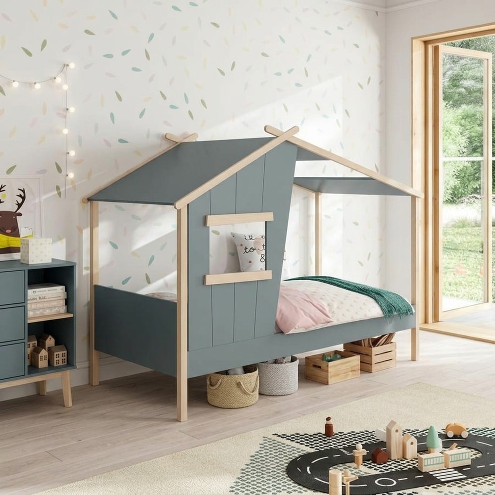 Cama infantil con forma de cabaña verde kaki