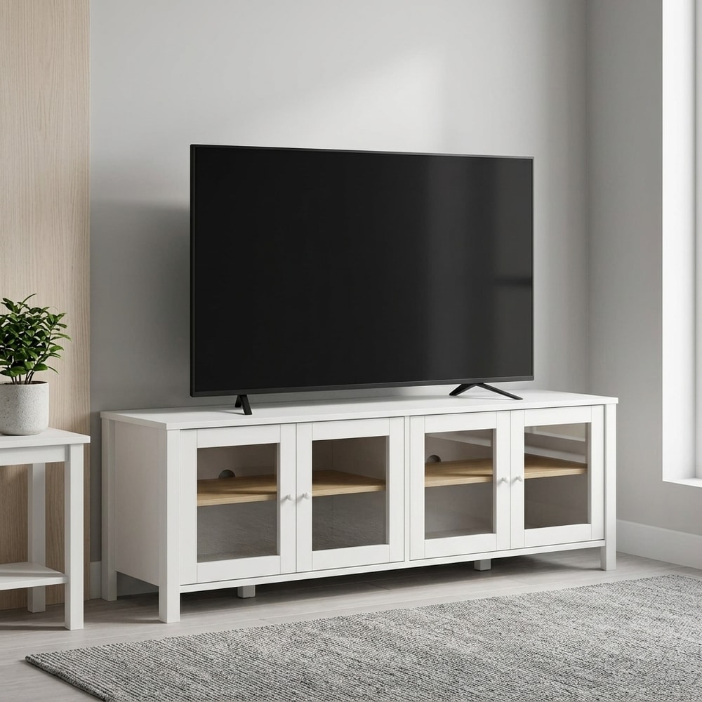 Mueble de TV Blanco con 4 Puertas de Cristal
