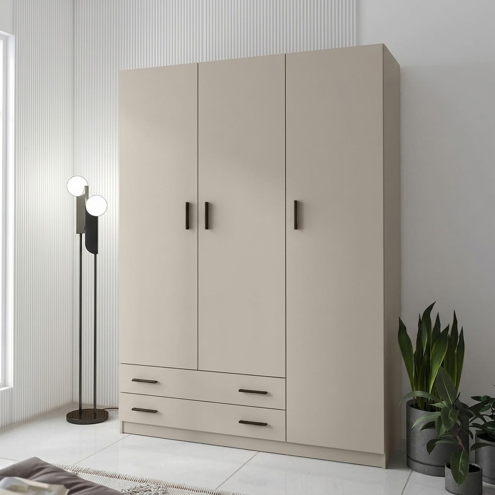 Armario moderno beige de 3 puertas y 2 cajones